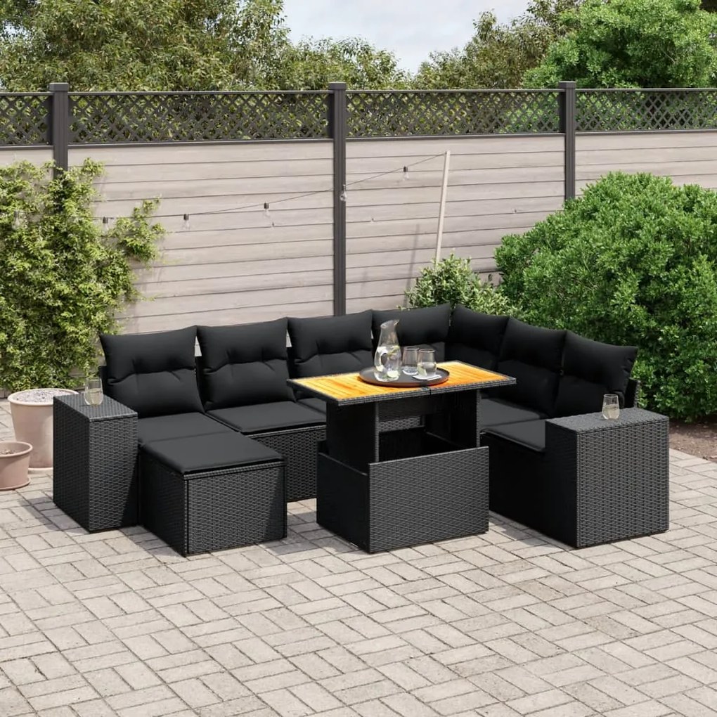 8 pcs conjunto sofás de jardim com almofadões vime PE preto