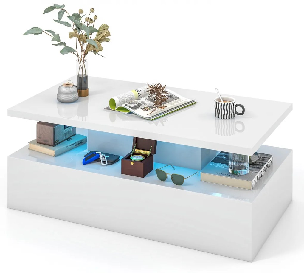 Mesa de centro110 x 60 x 40 cm com LED de 2 níveis com cores de luz ajustáveis em formato retangular contemporâneo para sala de estar Branca