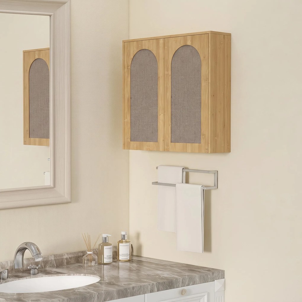 Armário de parede para casa de banho em estilo boémio 60 (L) x 30 (P) x 60 (A) cm, com 2 portas com efeito de rattan e fecho suave, e prateleira ajust