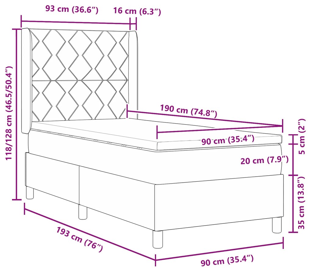 Cama Box Spring com Colchão e LED Rosa 90x190 cm Veludo