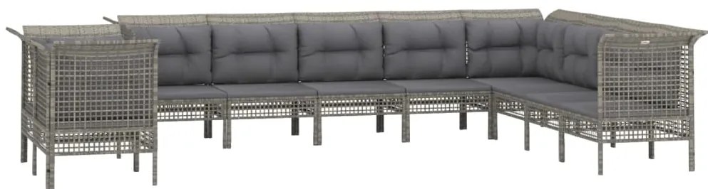 10 pcs conjunto lounge de jardim c/ almofadões vime PE cinzento