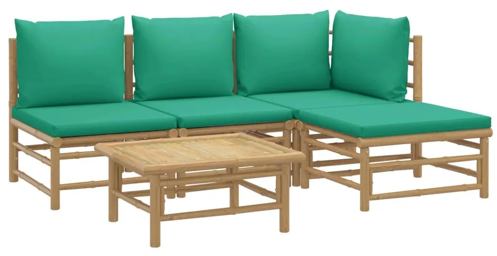 5 pcs conjunto lounge de jardim bambu c/ almofadões verdes