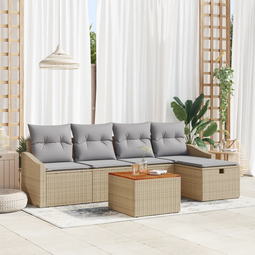 Conjunto de Sofá de Jardim de 6 Peças com Almofadas Bege em Rattan Pol
