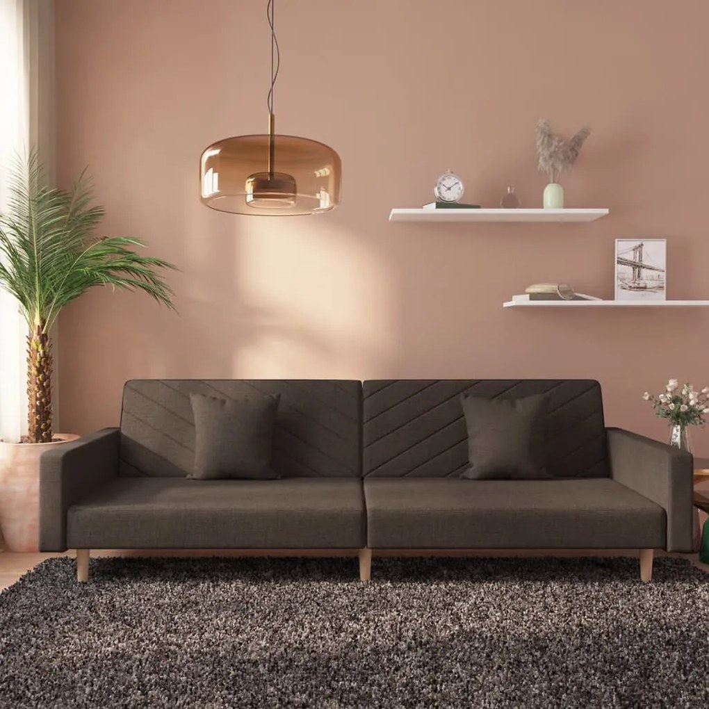 vidaXL Sofá-cama 2 lugares com duas almofadas tecido castanho-escuro