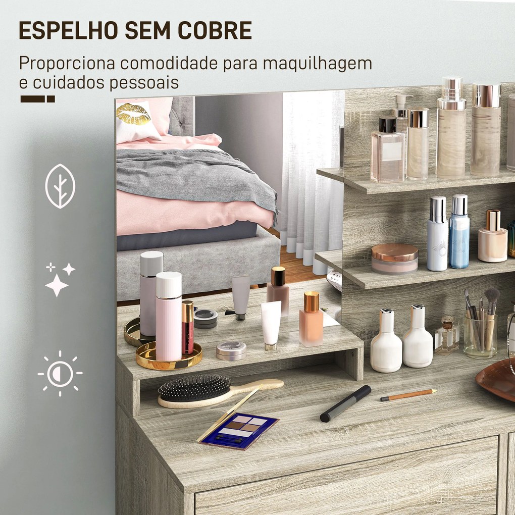 Toucador de Maquilhagem com Banco Mesa de Maquilhagem com Espelho Prateleiras e Gaveta 80x40x132 cm Madeira e Bege