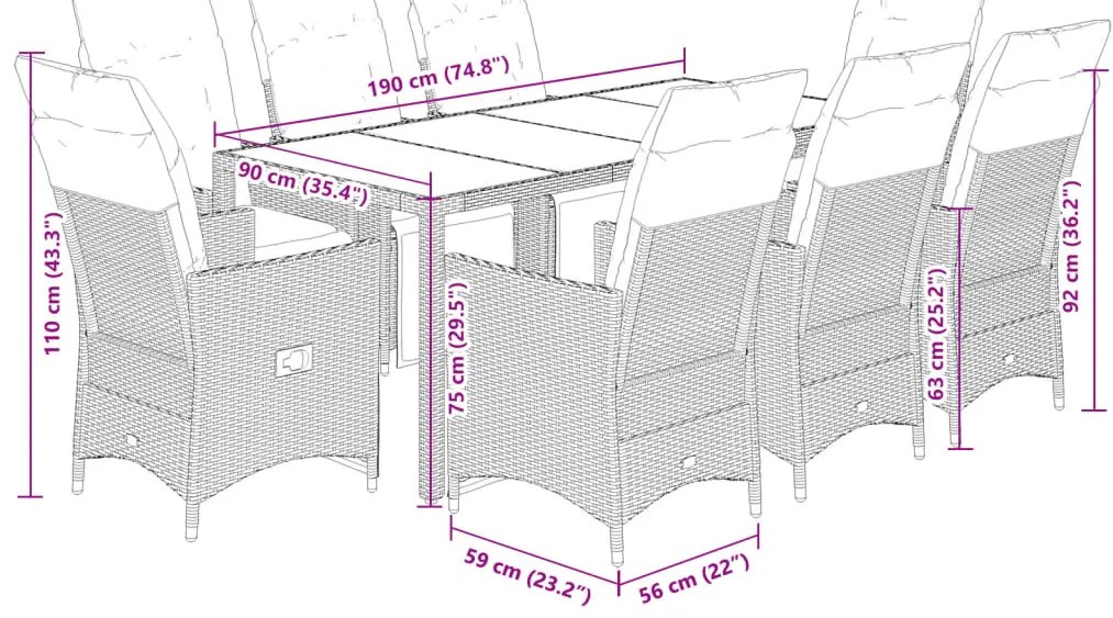 9 pcs conjunto bistrô de jardim c/ almofadões vime PE cinzento