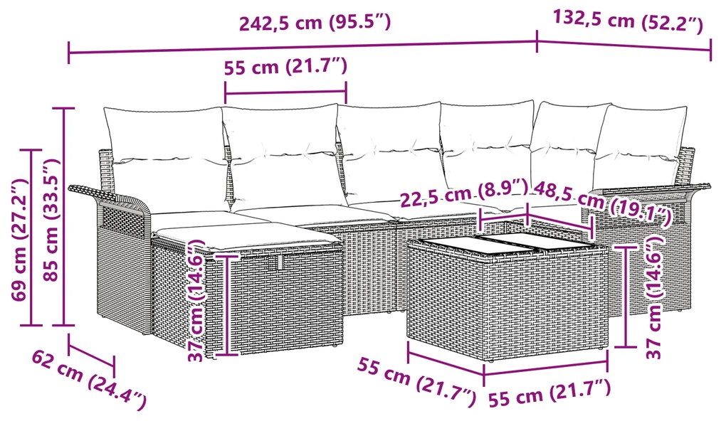 Conjunto de Sofás de Jardim de 7 Peças com Almofadas Bege Rattan Polié