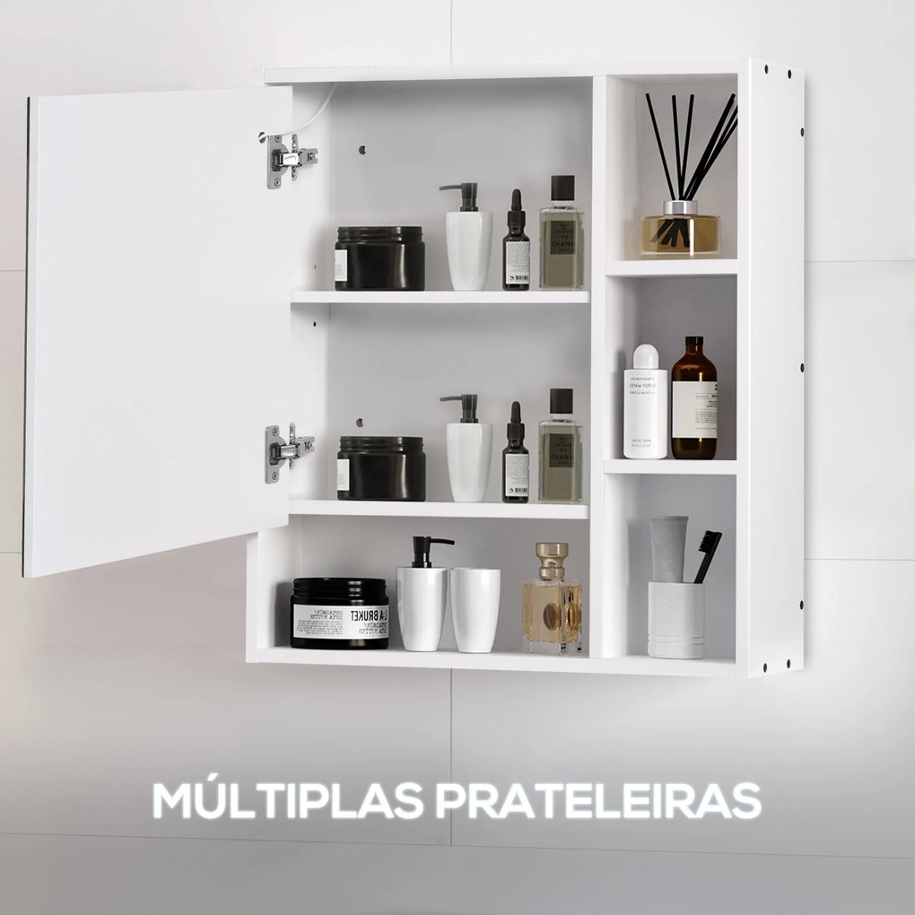 Armário com Espelho de Casa de Banho com Luz LED Armário de Casa de Banho Suspenso com Porta 4 Prateleiras Abertas e Interruptor Tátil Estilo Moderno