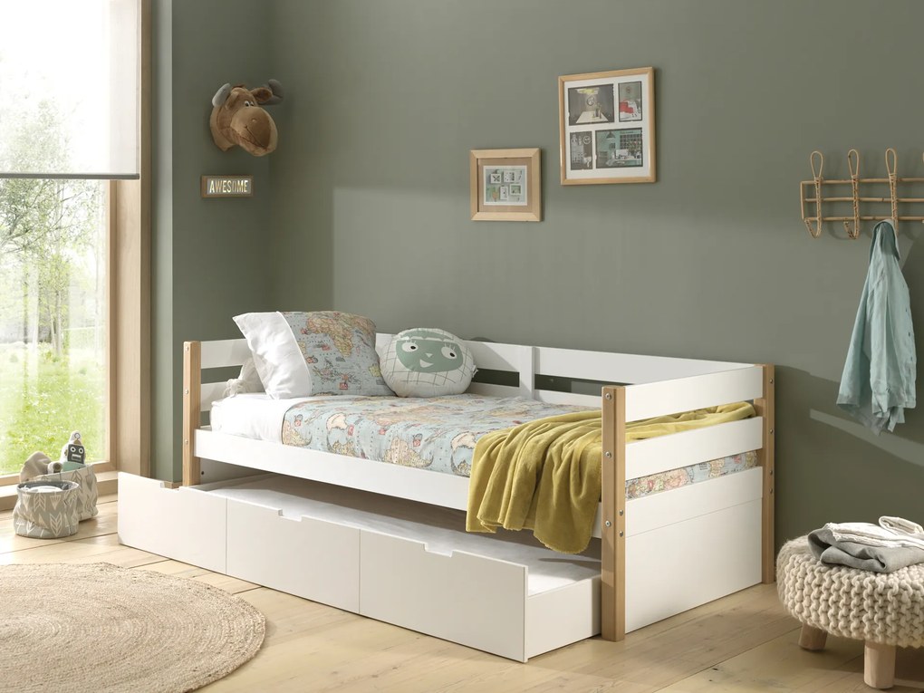 Cama infantil MARGRIT (90 x 200 cm) + Estrado + gaveta inferior Natural / Branca