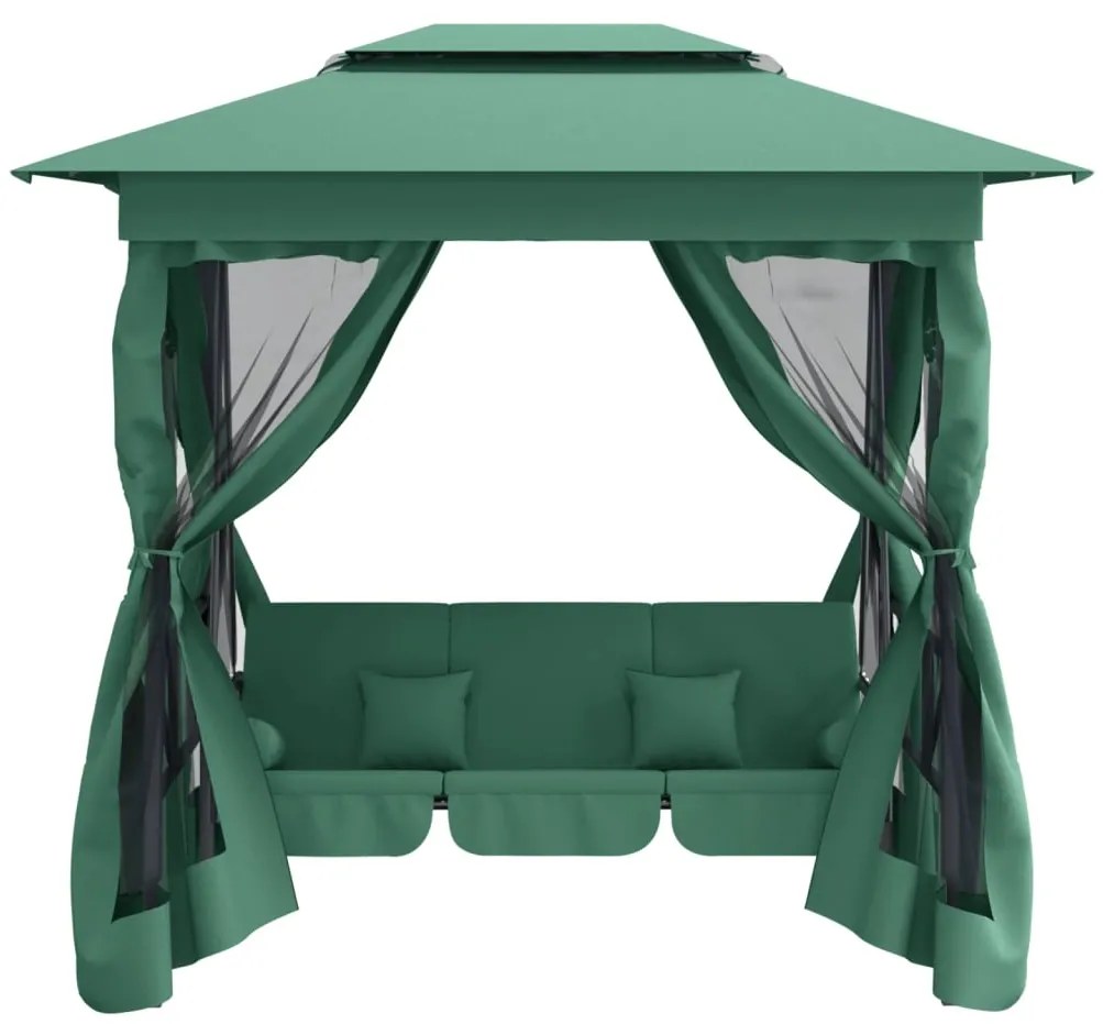 Gazebo de jardim c/ banco baloiço conversível tecido/aço verde