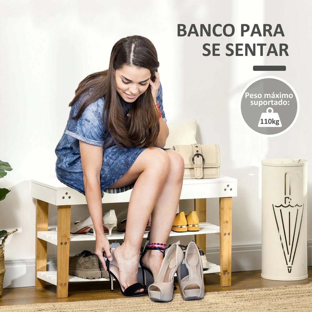 Banco Sapateiro de Bambú Banco Sapateiro com Baú de Armazenamento e 2 Prateleiras para 6 Sapatos para Entrada Corredor 60x33x50cm Madeira e Branco