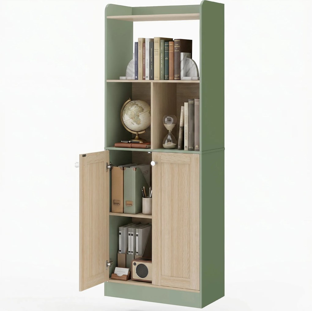 Estante de Arrumação com 5 Níveis e 2 Portas, 60 x 30 x 161,2 cm, Cantos Arredondados, Verde e cor Madeira Natural