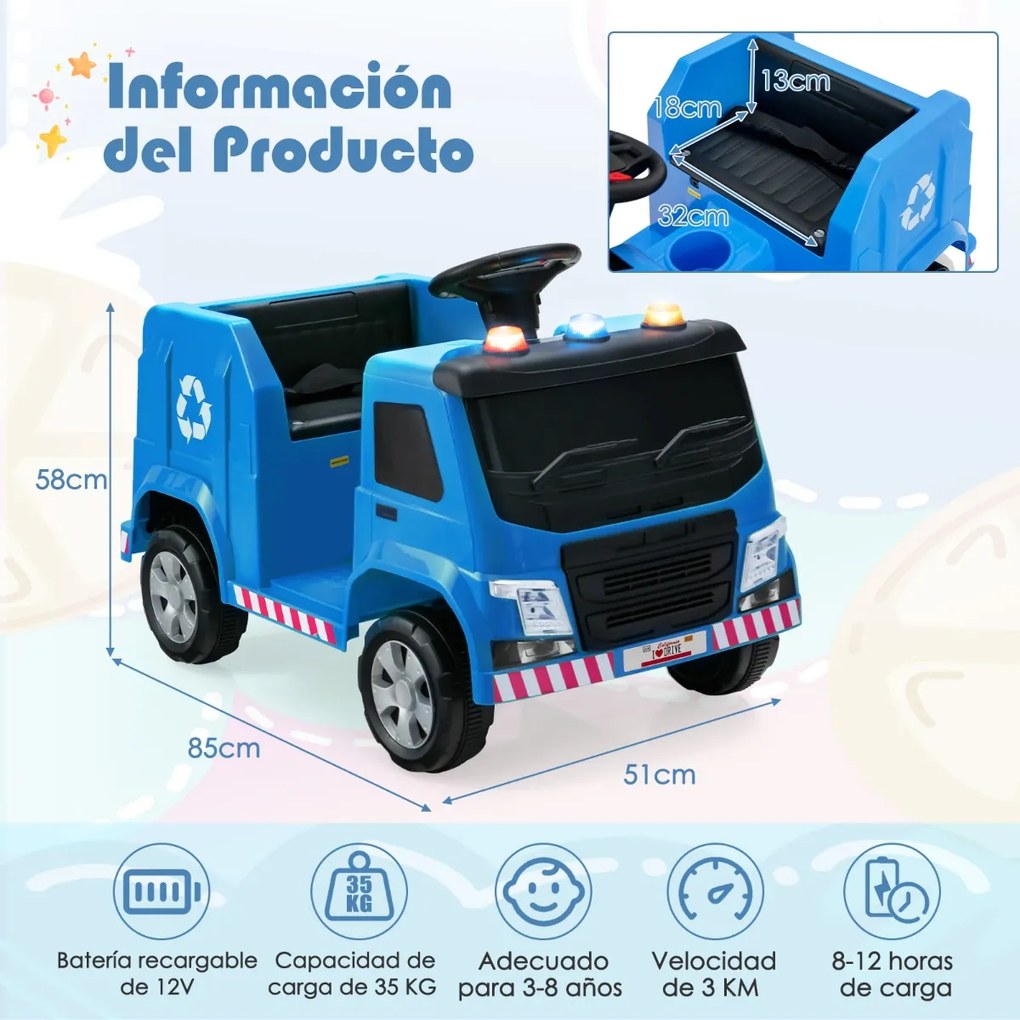 Carrinho de reciclagem de lixo elétrico 12V para crianças de 3 a 8 anos com luzes musicais com controle remoto 85 x 51 x 58 cm Azul