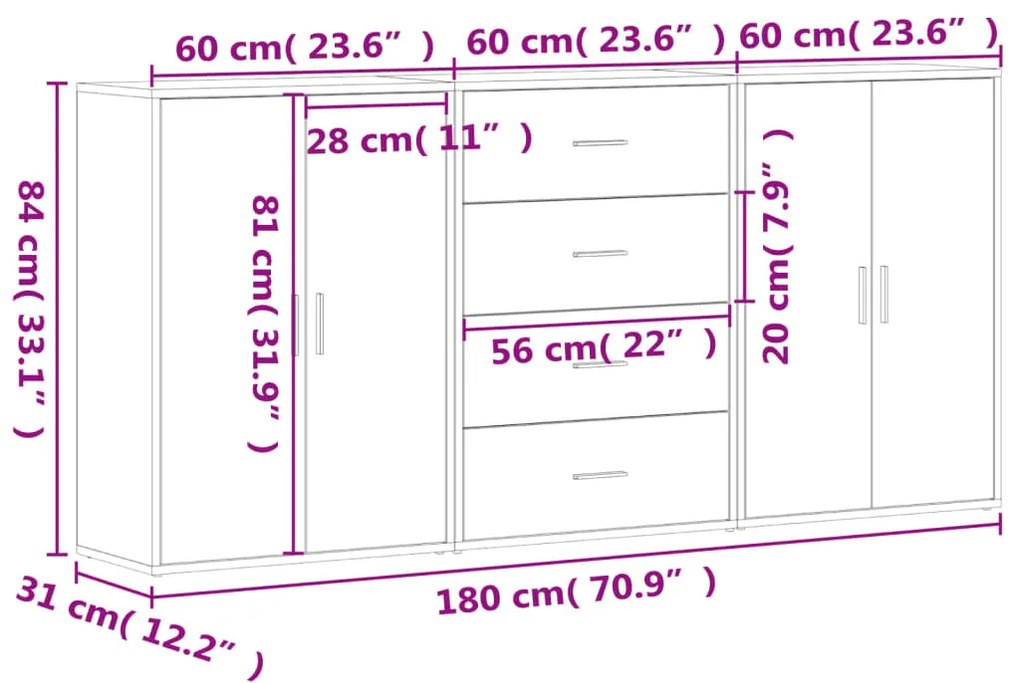 Aparadores 3 pcs 60x31x84 cm derivados madeira cinzento cimento