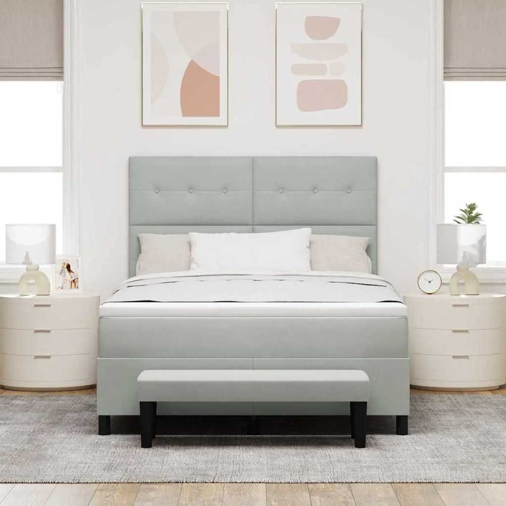 Cama Box Spring com Colchão &amp; Banco Cinza Claro 140x200 cm Veludo