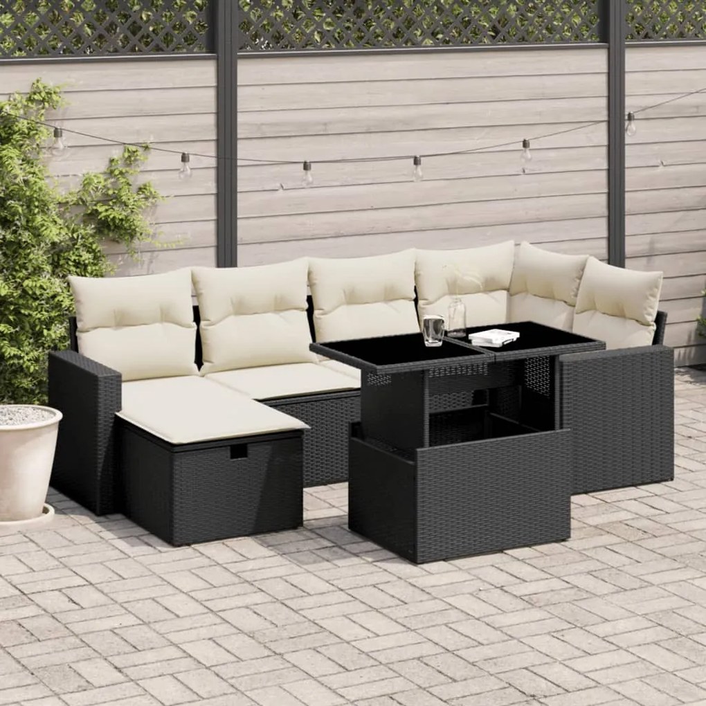 7 pcs conjunto de sofás p/ jardim c/ almofadões vime PE preto