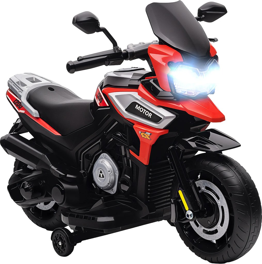 AIYAPLAY Motocicleta elétrica para crianças de 18-36 meses, Veículo para sentar, Rodinhas de apoio, Luzes, Música, Plástico, Aço, Vermelho | Aosom Portugal