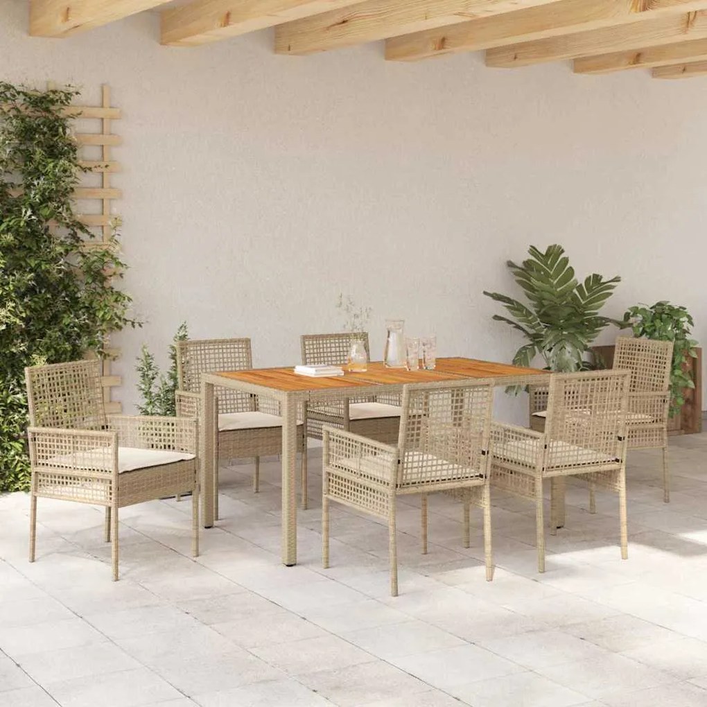 Conjunto de Jantar de Jardim de 7 Peças com Almofadas Bege em Vime Pol