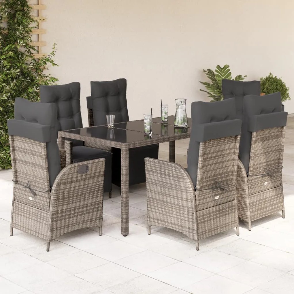 vidaXL 7 pcs conjunto de jantar p/ jardim c/ almofadões vime PE cinza