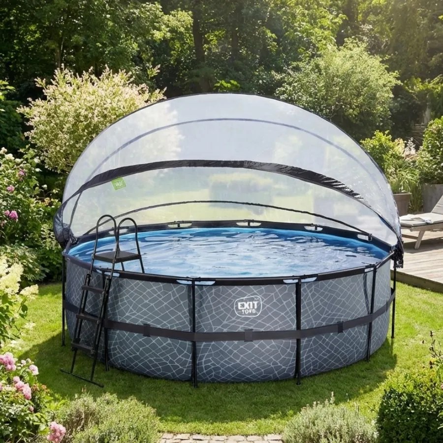 Piscina Redonda Stone ø450x122cm com bomba de filtro de areia e cúpula - Cinzenta
