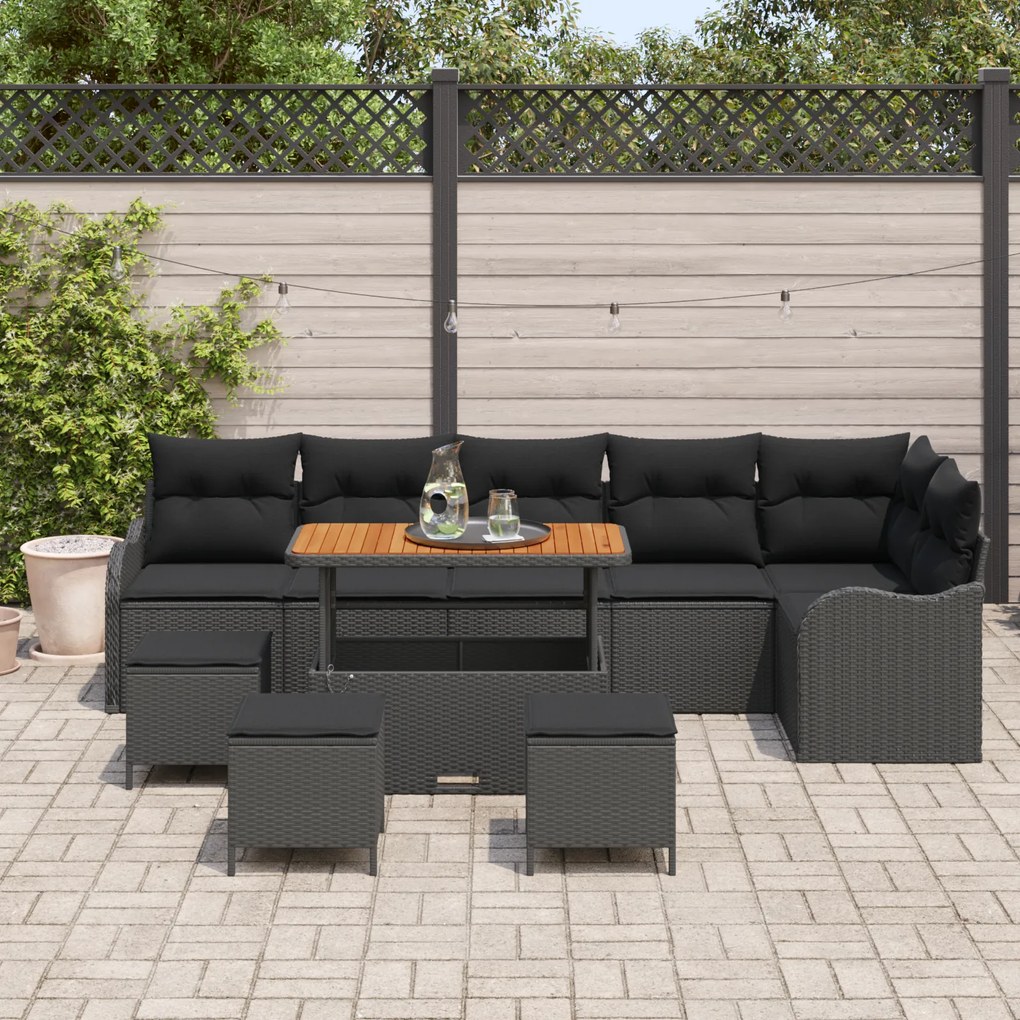 Conjunto de Sofá de Jardim de 10 Peças com Almofadas Preto Rattan Poli