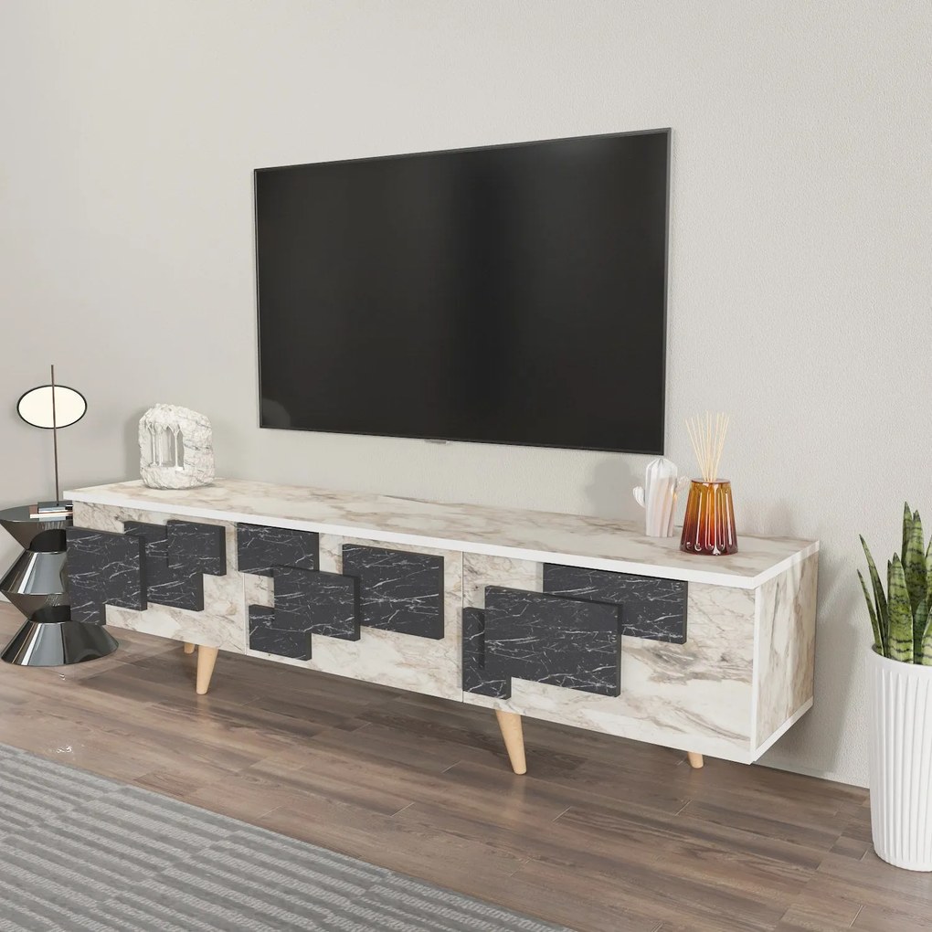 Móvel TV 3D – Branco Mármore – 160x45x35 cm