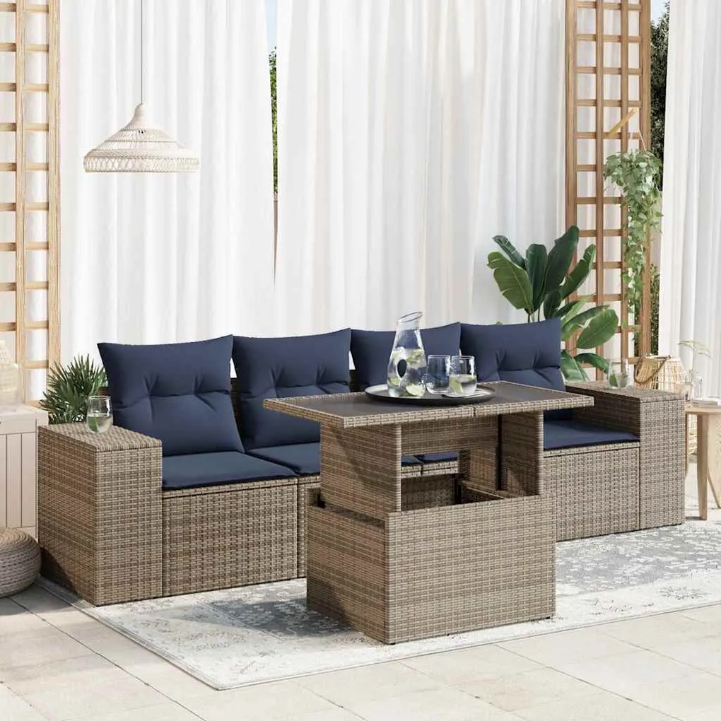 5 pcs conjunto sofás de jardim c/ almofadões acácia e vime PE
