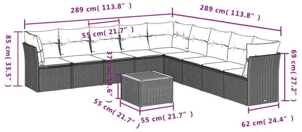 10 pcs conjunto de sofás p/ jardim com almofadões vime PE bege