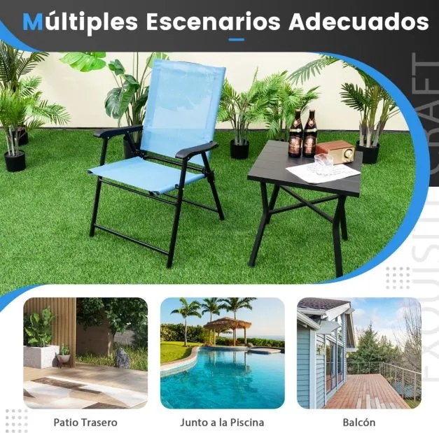 Conjunto de 4 cadeiras de jardim dobráveis e portáteis com encosto em tecido Estrutura metálica para terraço de piscina 65 x 60 x 93 cm Azul
