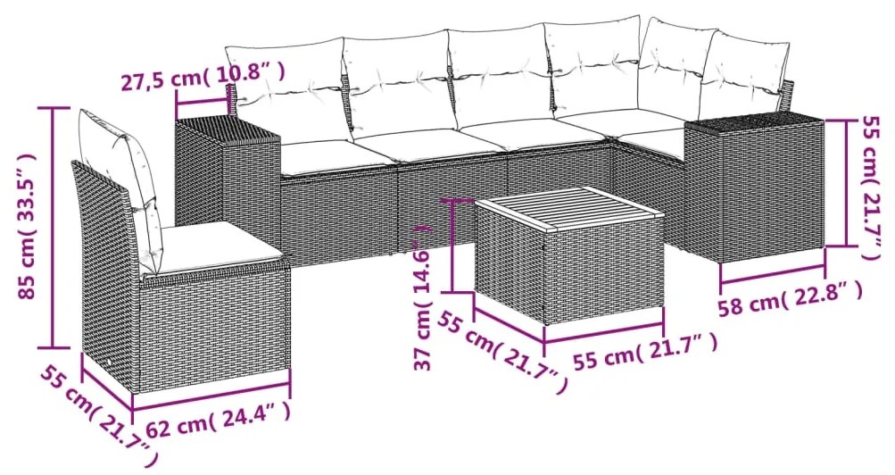 7 pcs conjunto de sofás p/ jardim com almofadões vime PE bege