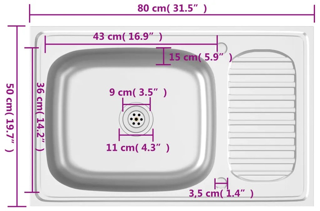 Lava-louça cozinha + escorredor 800x500x155mm aço inox prateado