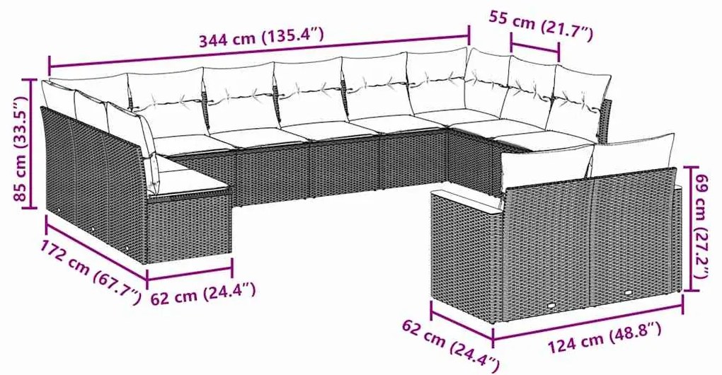7 pcs conjunto de sofás p/ jardim c/ almofadões vime PE preto