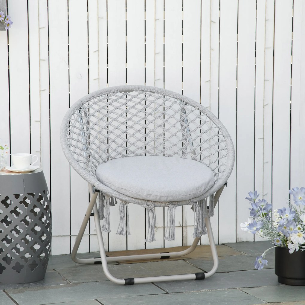 Poltrona redonda de jardim Loveuse, poltrona Papasan em forma de lua, dobrável, de grande conforto, em macramé de algodão e poliéster cinzento