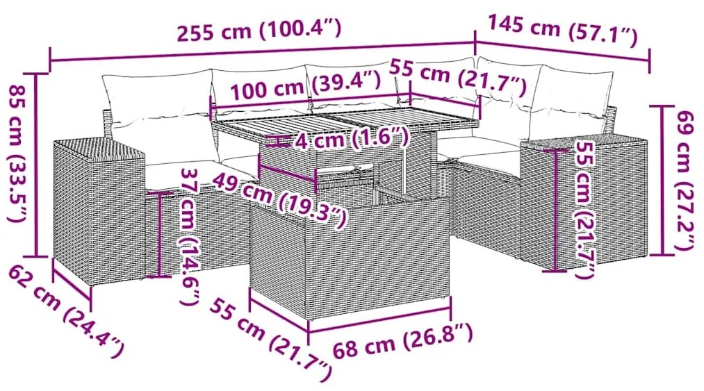6 pcs conjunto sofás de jardim c/ almofadões vime PE preto