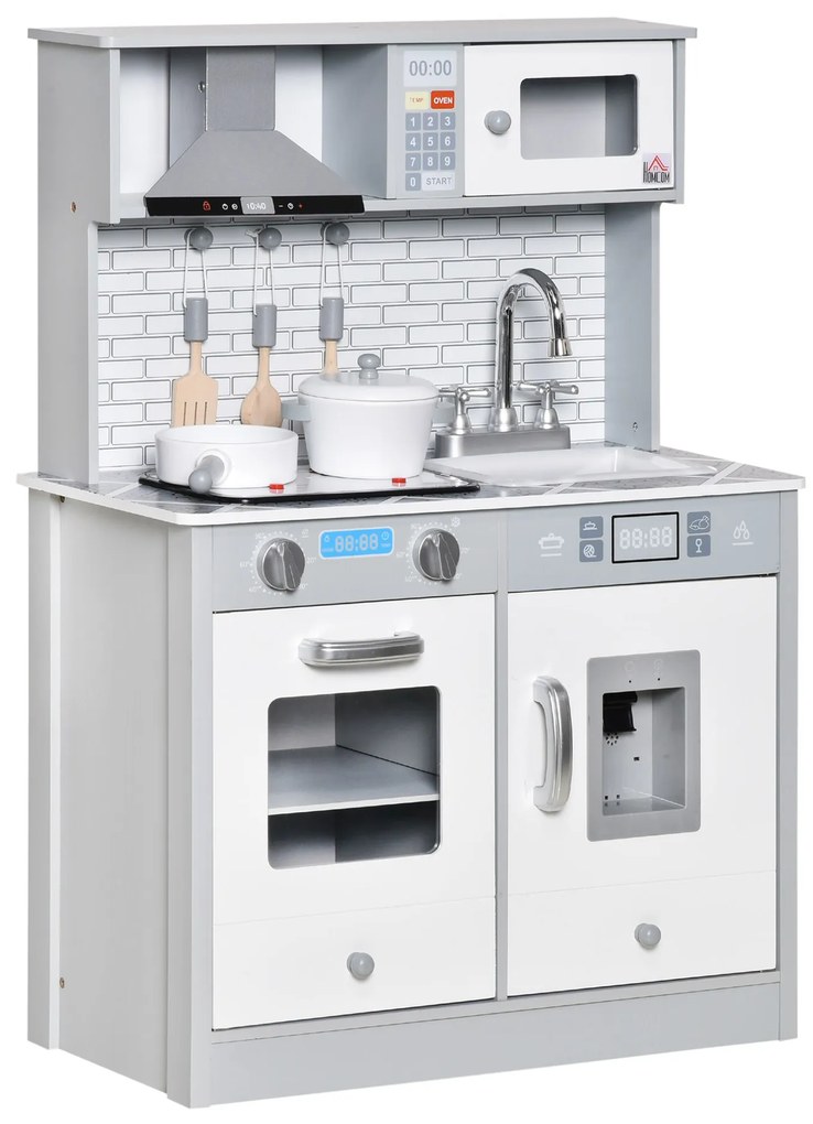 HOMCOM Cozinha Infantil de Madeira para Crianças acima de 3 Anos Cozinha de Madeira Infantil com Luz Sons Acessórios Utensílios Exaustor Lavatório e Microondas 60x29x84cm Cinza