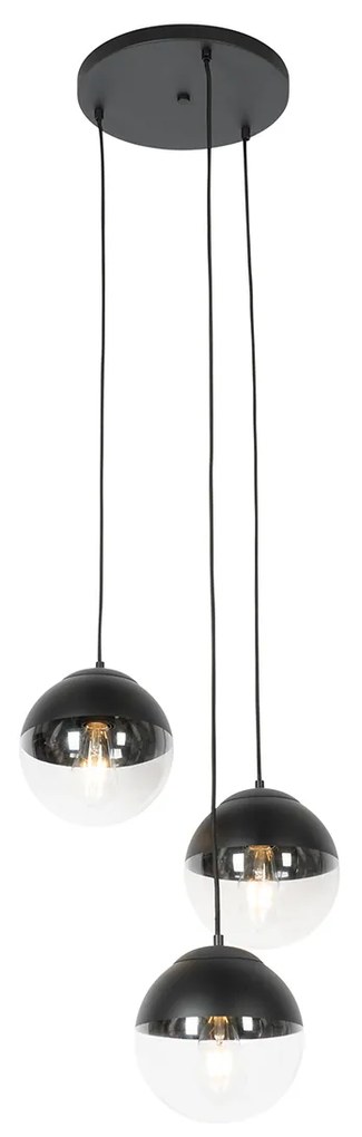 Candeeiro de suspensão retro preto com vidro transparente redondo 3-luzes - Eclipse