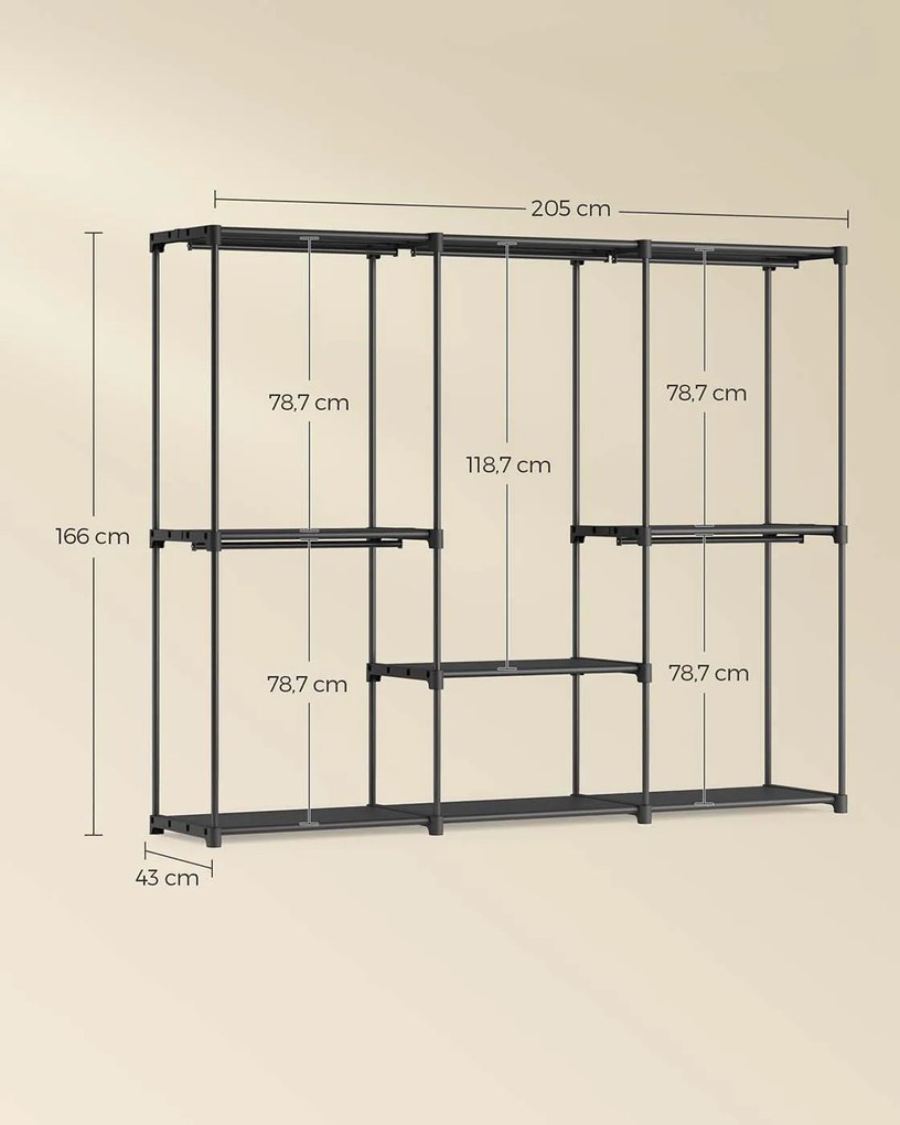 Guarda roupa aberto com 5 compartimentos para pendurar 205 x 43 x 166 cm preto