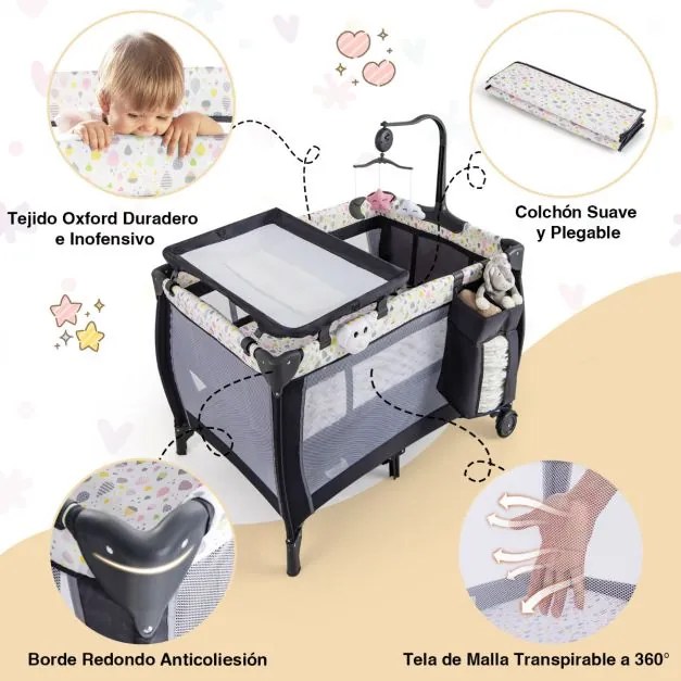 Berço de viagem dobrável 3 em 1 para bebés Cesto de brincar com tapete muda-fraldas Alcofa amovível 125 x 65 x 76 cm Multicolor