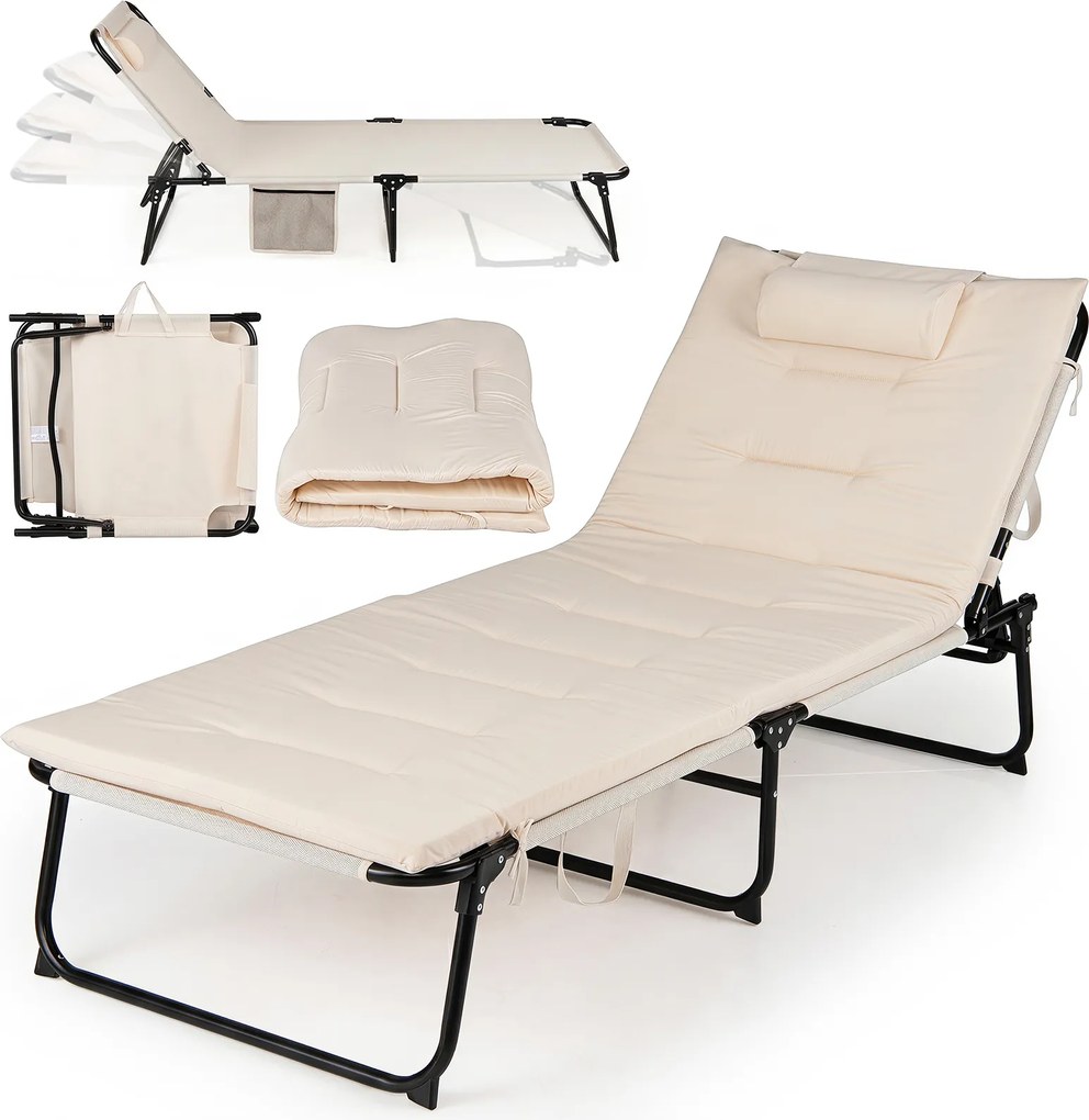 Espreguiçadeira Dobrável para Exterior, 186 x 68 x 33-76 cm, Encosto Ajustável em 4 Posições, Bege