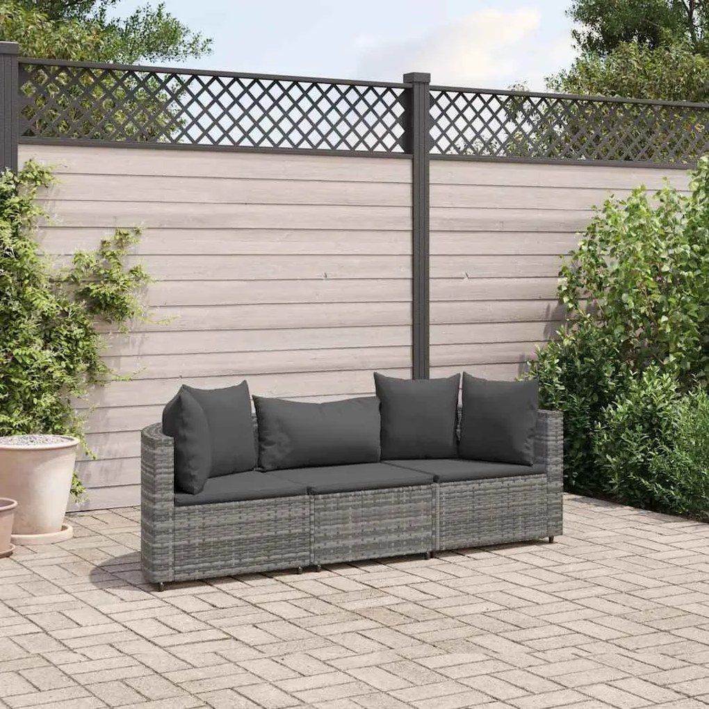 vidaXL 3 pcs conjunto sofás de jardim c/ almofadões vime PE cinzento