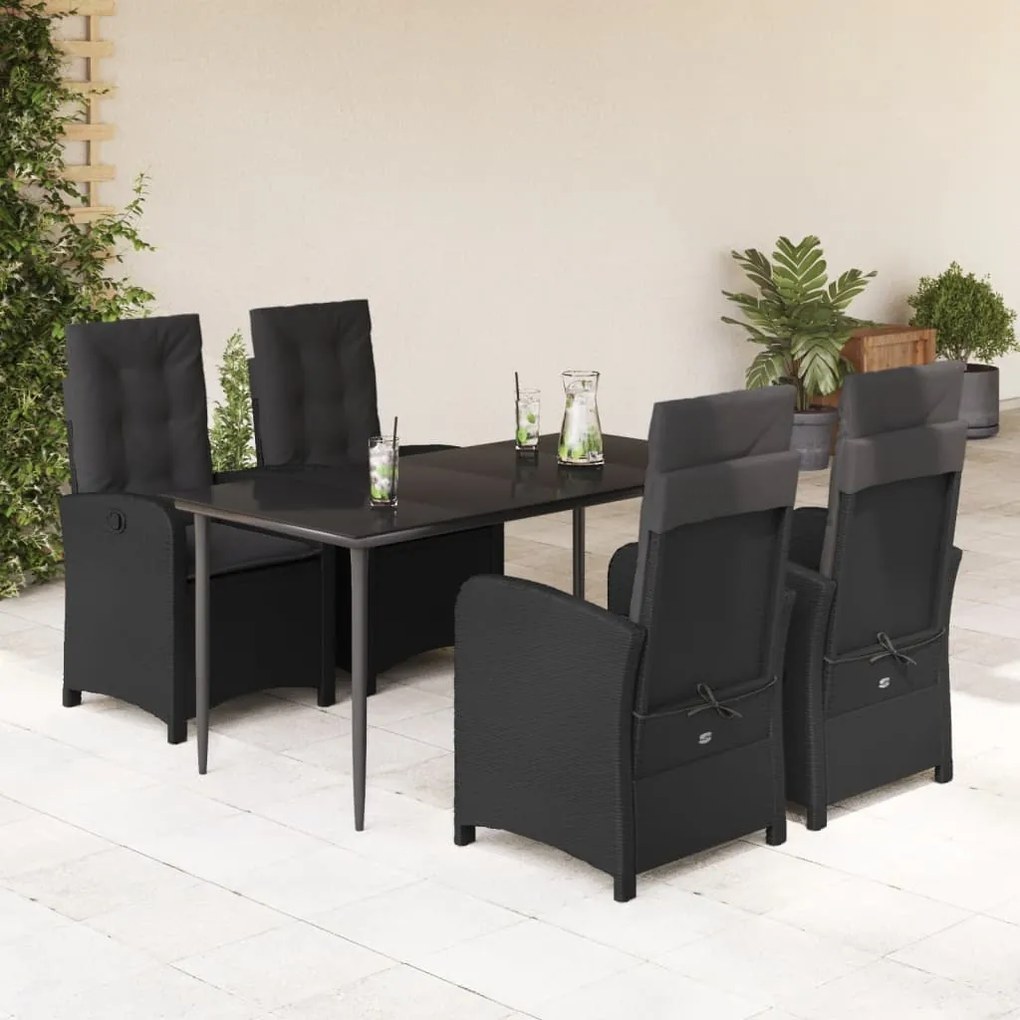 5 pcs conjunto de jantar p/ jardim c/ almofadões vime PE preto