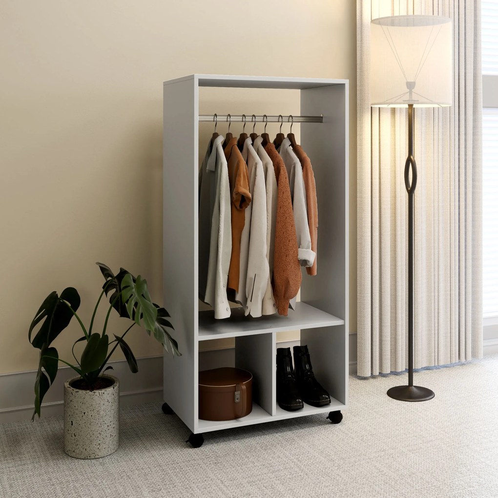 Guarda roupa aberto com prateleiras 60 x 40 x 128 cm, 2 compartimentos abertos para cabides, 4 rodas giratórias, cinzento