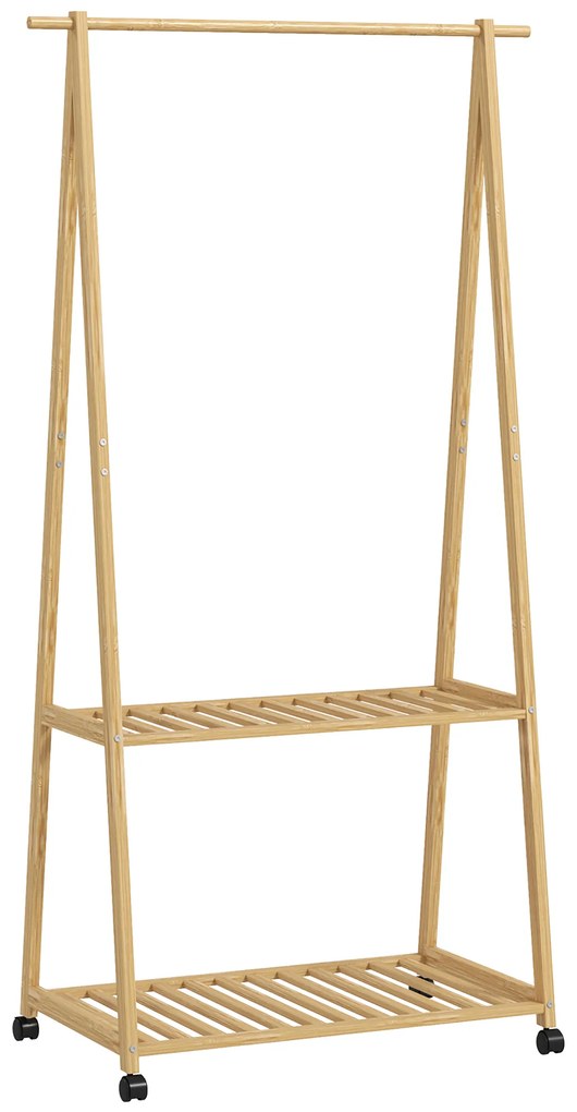 HOMCOM Charriot de Bambu para Roupa Charriot para Roupa com Rodas 2 Prateleiras Abertas e 2 Ganchos 84,5x43,5x158 cm Madeira