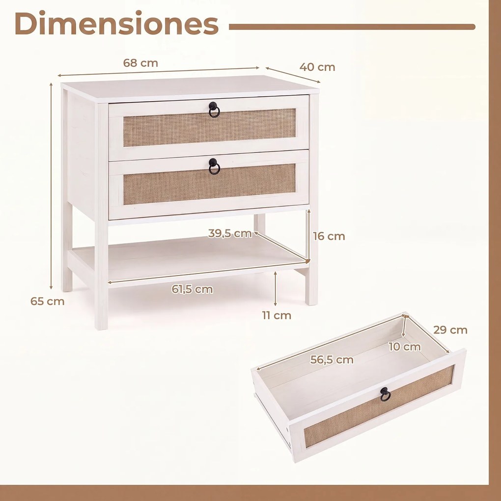 Mesa de Cabeceira, 68 x 40 x 65 cm, Duas Gavetas e Estante Aberta, Branco