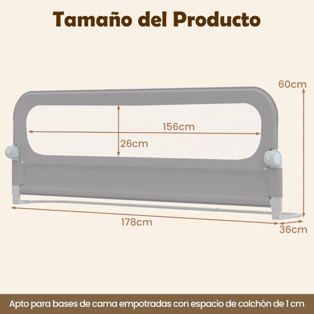 Barreira dobrável para camas infantis, altura ajustável com 178 x 36 x 60 cm, com capa removível em tecido Oxford, base em U, com correia e fivela, Ci