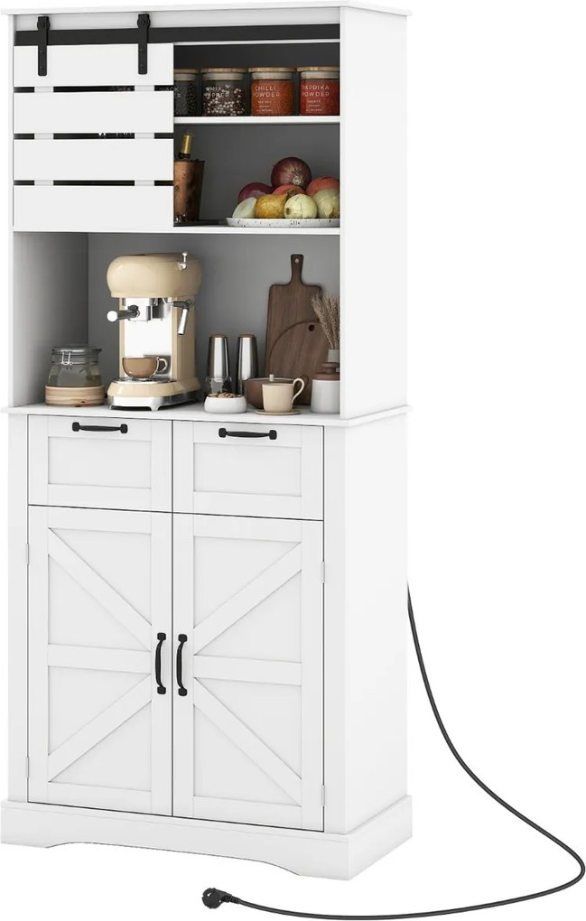 Armário de despensa de cozinha 80 x 40 x 180 cm com tomada elétrica com portas, gavetas e prateleira ajustável Suporte branco