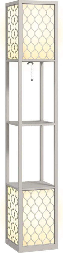 Candeeiro de pé com prateleiras, 2 lâmpadas, 2 prateleiras, 4 níveis, MDF cinzento 26 x 26 x 156 cm, cinzento