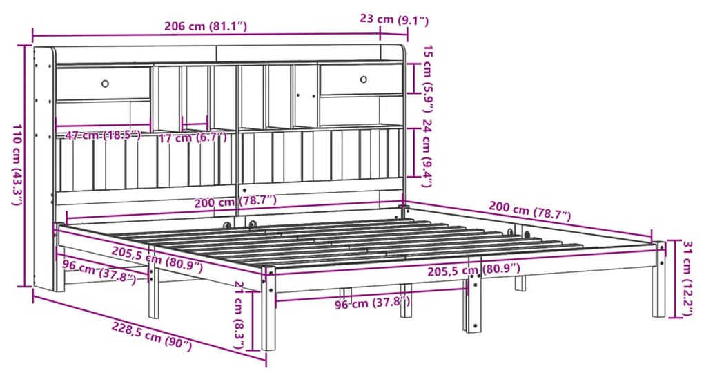 Cama com estante sem colchão 200x200 cm pinho maciço branco