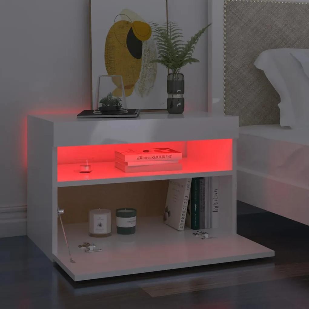 Mesa de cabeceira &amp; luzes LED 60x35x40 cm branco brilhante