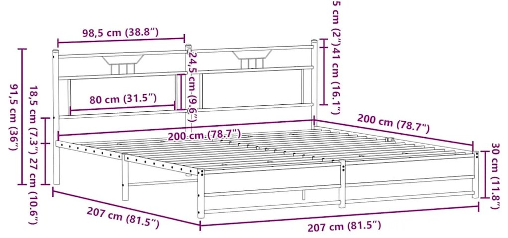 Estrutura cama sem colchão 200x200cm metal carvalho castanho
